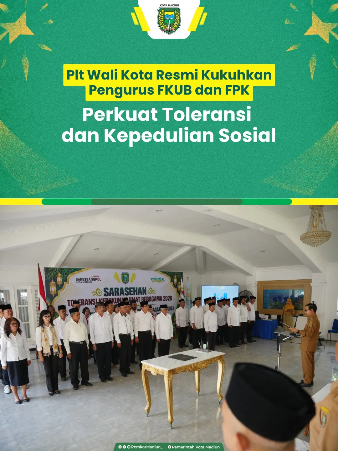 Plt Wali Kota Madiun F. Bagus Panuntun resmi mengukuhkan pengurus Forum Kerukunan Umat Beragama (FKUB) masa bakti 2026–2...